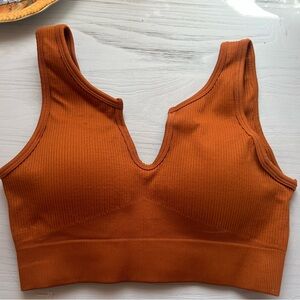 Phat Buddha Orange Sports Bra Ribbed Knit V-Notch